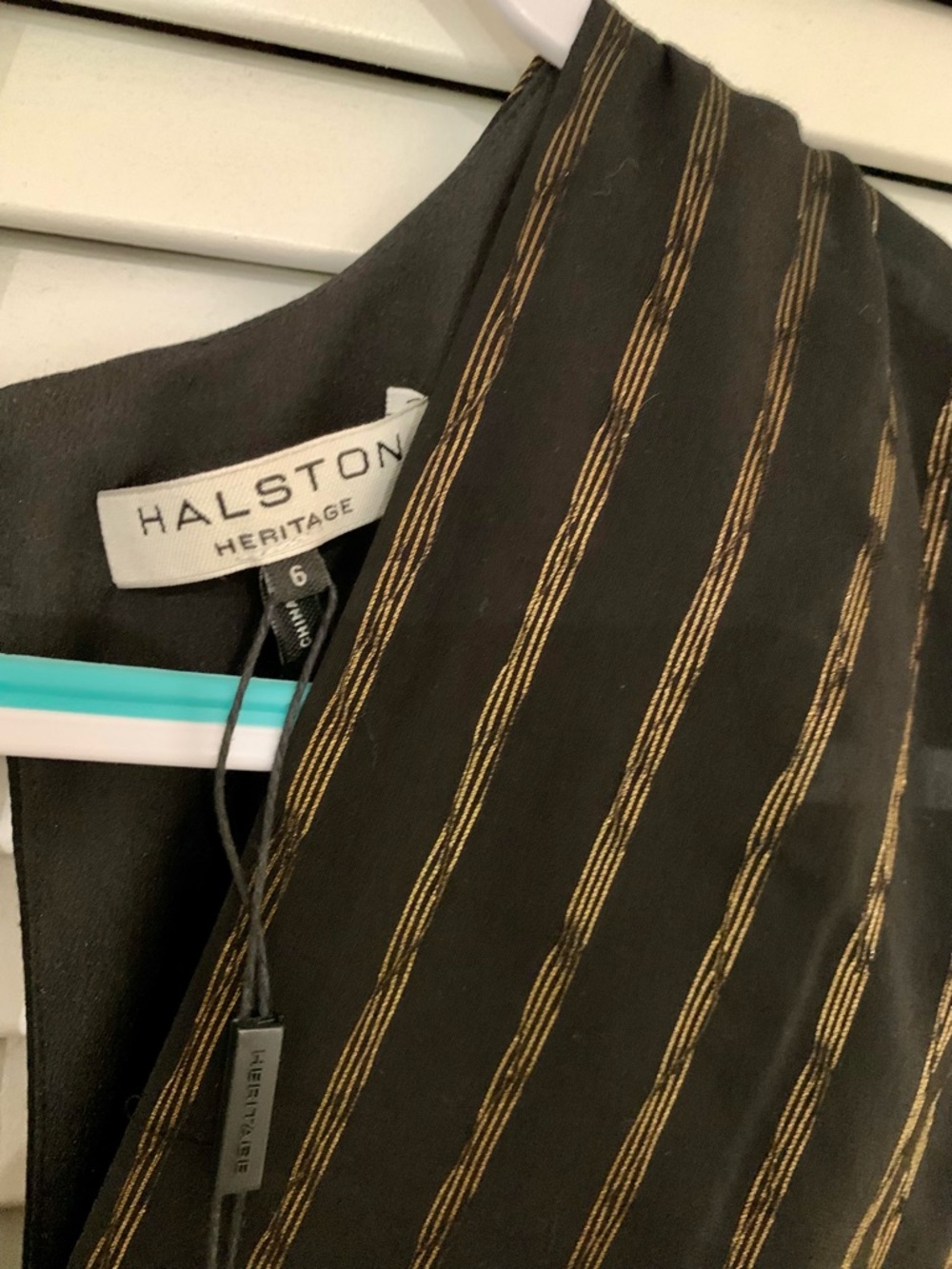 Halston Heritage Black Dress with Gold Pinstripes V-Neck